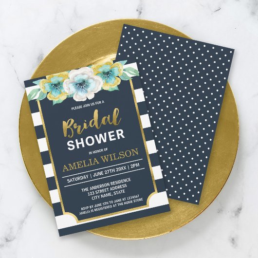 Invitation de Fête de Mariage Florale Bleue et Or