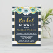 Invitation de Fête de Mariage Florale Bleue et Or (Debout devant)