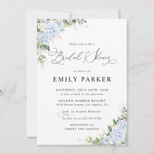 Invitation de Fête de Mariage Florale Hydrangea Bl (Devant)