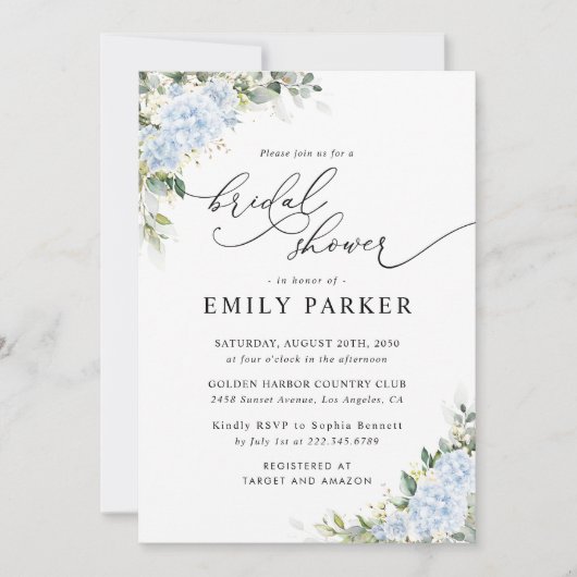 Invitation de Fête de Mariage Florale Hydrangea Bl (Devant)