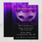 Invitation de fête de masquerade bleue et violette (Devant / Derrière)