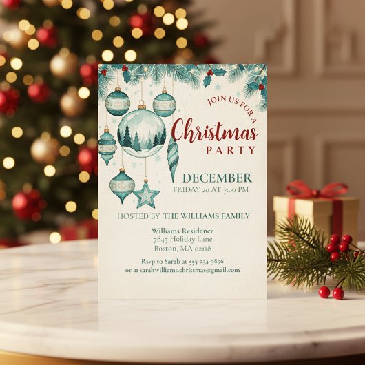 Invitation de fête de Noël avec ornement sarcelle