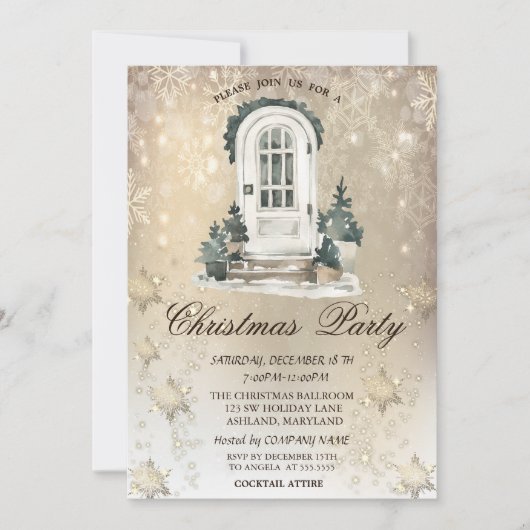 Invitation de fête de Noël avec sapin et flocons d (Devant)