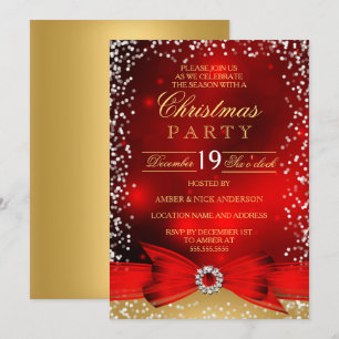 Invitation de fête de Noël avec un nœud doré et ro