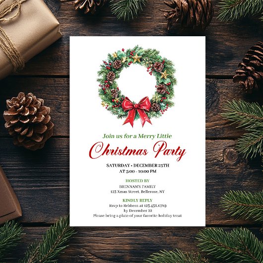 Invitation de fête de Noël Couronne de Pin Classiq