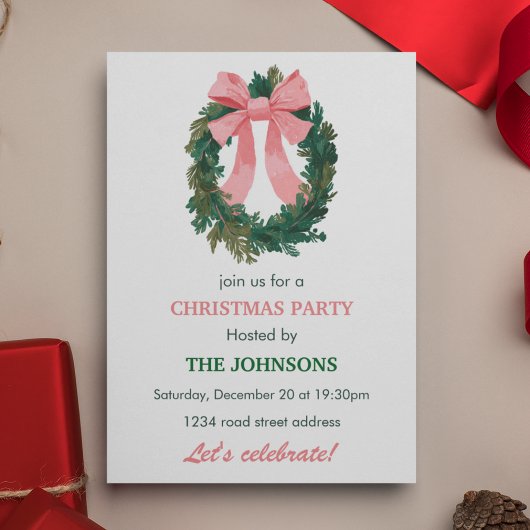 Invitation de fête de Noël Couronne et Ruban Éléga
