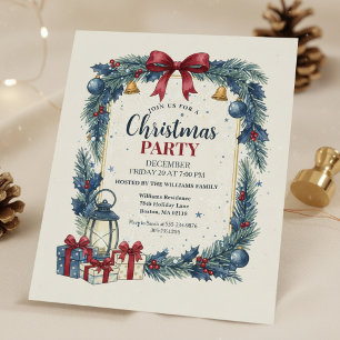 Invitation de fête de Noël Couronne Rustique Bleue