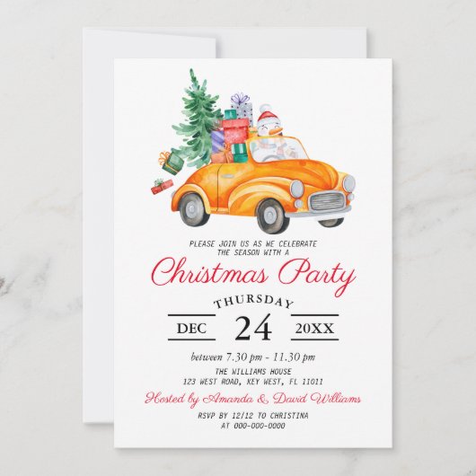 Invitation de fête de Noël de camion d'aquarelle r (Devant)