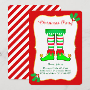 Invitation de fête de Noël de lutin sur fond rouge