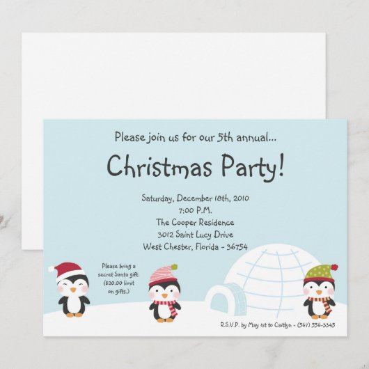 invitation de fête de Noël d'igloo des pingouins (Devant / Derrière)