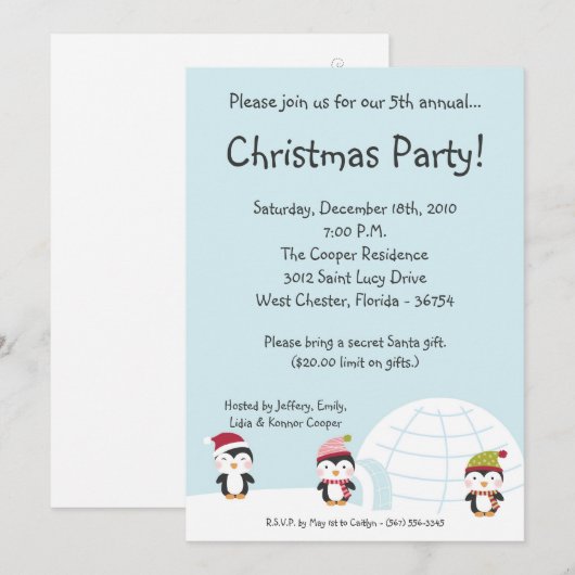 invitation de fête de Noël d'igloo des pingouins (Devant / Derrière)