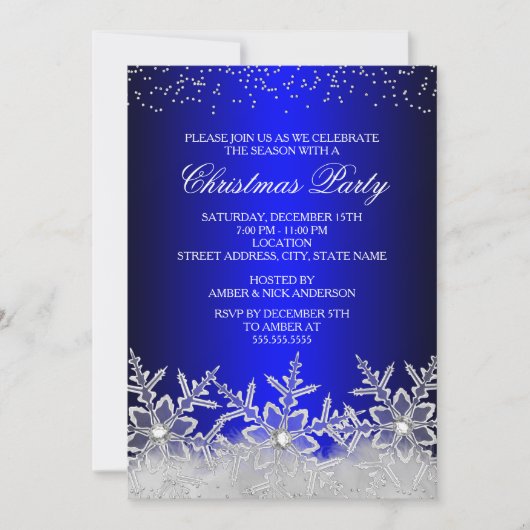 Invitation de fête de Noël en bleu flocon de neige (Devant)