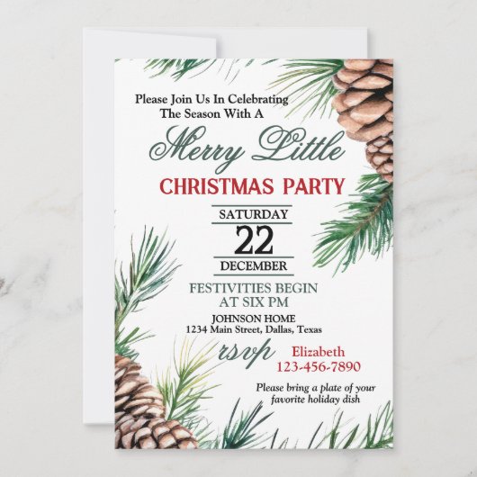 Invitation de fête de Noël Evergreen et Pinecone (Devant)