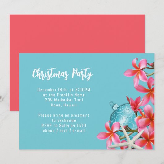 Invitation de fête de Noël Fleurs de Plumeria rose (Devant / Derrière)