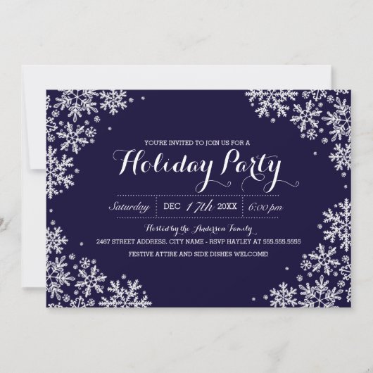 Invitation de fête de Noël flocon de neige bleu ro (Devant)
