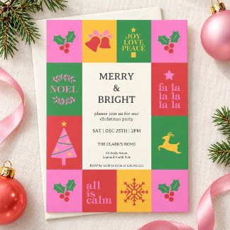 Invitation de fête de Noël moderne rose Merry & Br