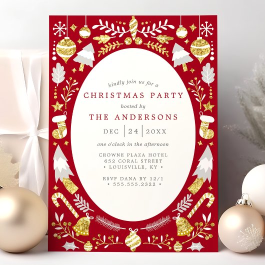 Invitation de fête de Noël moderne rouge et or