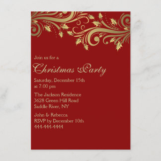 Invitation de fête de Noël Red & Gold Holly Flouri