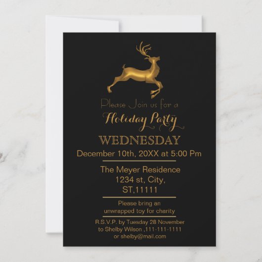 Invitation de fête de Noël Renne noir et or (Devant)