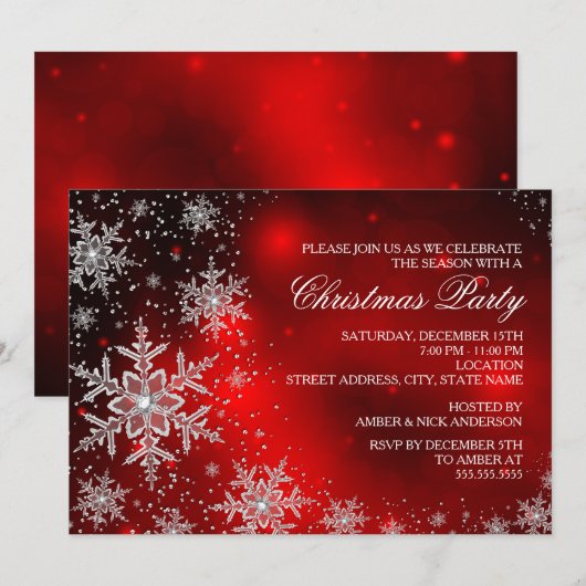 Invitation de fête de Noël rouge flocon de neige s (Devant / Derrière)