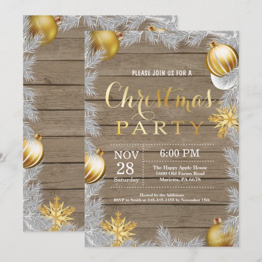 Invitation de fête de Noël Rustique et or (Devant / Derrière)