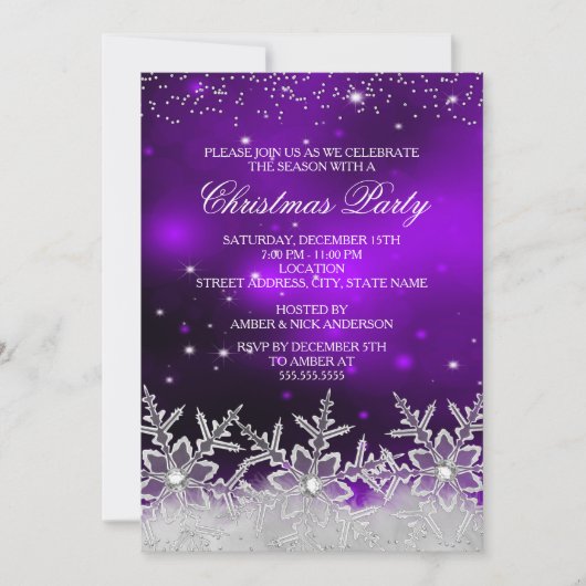 Invitation de fête de Noël violette en flocon de n (Devant)