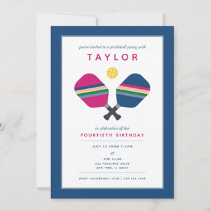 Invitation de fête de pickleball bleu vert rose Sp