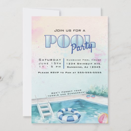Invitation de fête de piscine d'été modifiable (Devant)