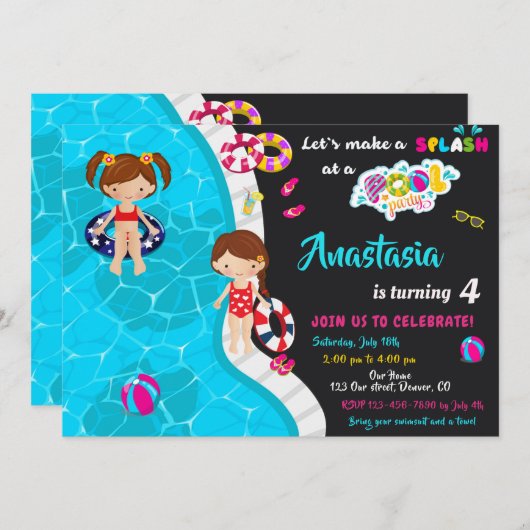 Invitation de fête de piscine invitation de piscin (Devant / Derrière)