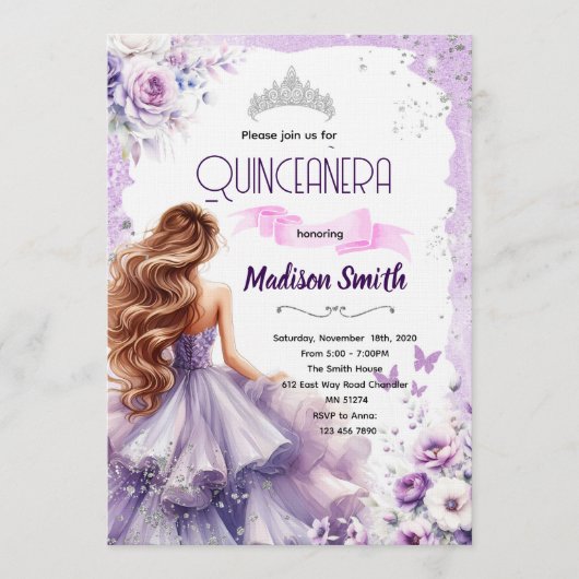 Invitation de fête de Quinceanera violette (Devant)