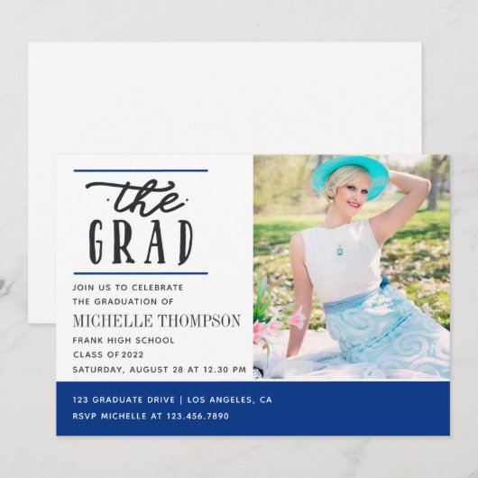 Invitation de fête de remise des diplômes bleu et (Devant / Derrière)