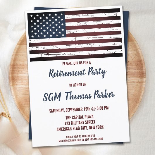 Invitation de fête de retraite militaire avec drap