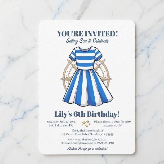 Invitation de fête de robe de marin bleu et blanc 