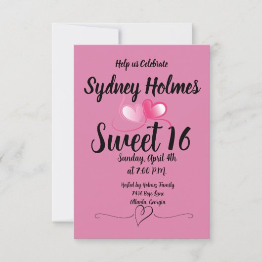 Invitation de fête de seize ans pour fille rose av (Devant)