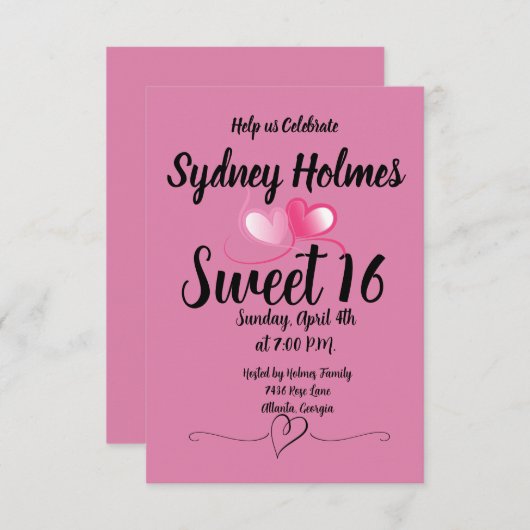 Invitation de fête de seize ans pour fille rose av (Devant / Derrière)