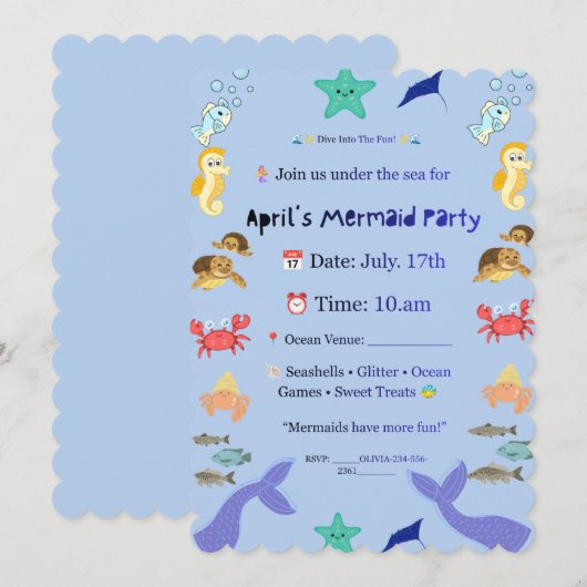 Invitation de fête de sirène de style sous-marin m (Devant / Derrière)