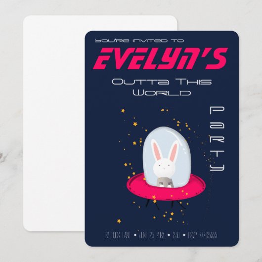 Invitation de fête de Space Bunny  (Devant / Derrière)