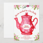 Invitation de fête de thé à la théière florale aqu (Devant / Derrière)
