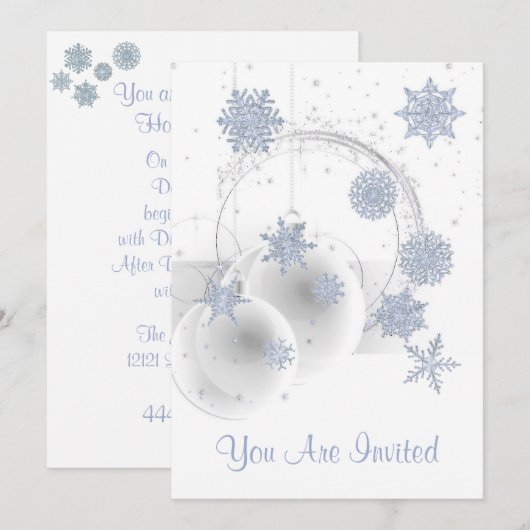 Invitation de fête de vacances blanc, flocon de ne (Devant / Derrière)