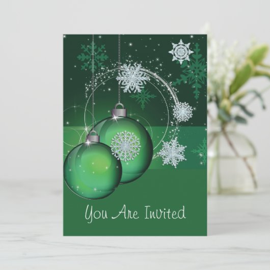 Invitation de fête de vacances Vert, flocon de nei (Debout devant)
