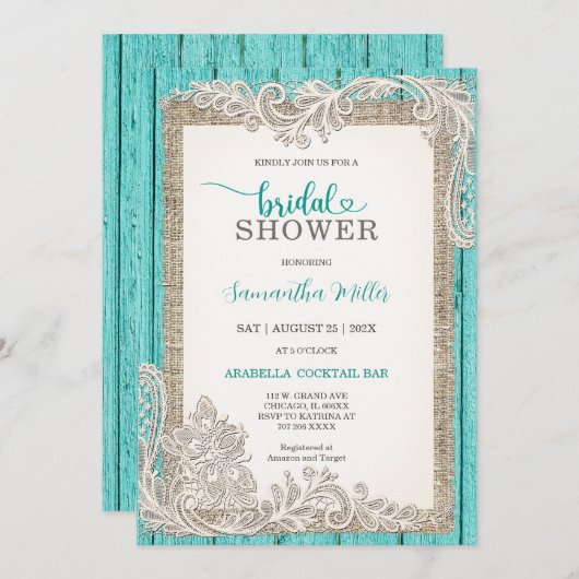 Invitation de Fête des mariées Turquoise rustique (Devant / Derrière)