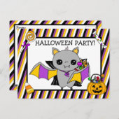 Invitation de fête d'Halloween avec Bat Holding Ca (Devant / Derrière)