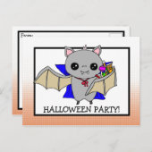 Invitation de fête d'Halloween avec Bat Holding Ca (Devant / Derrière)