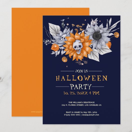 Invitation de fête d'Halloween avec fleurs et crân (Devant / Derrière)