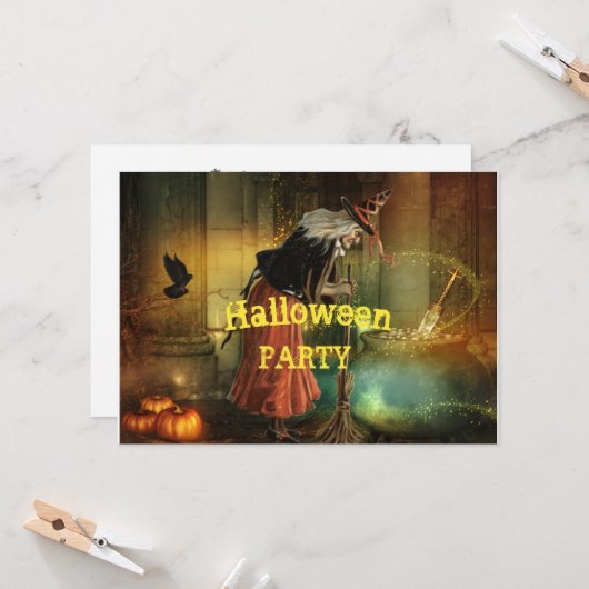Invitation de fête d'Halloween avec sorcière Vinta (Devant/Arrière en situation)