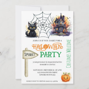 Invitation de fête d'Halloween Chat et Château éff