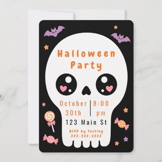 Invitation de fête d'Halloween Crâne Mignon (Devant)