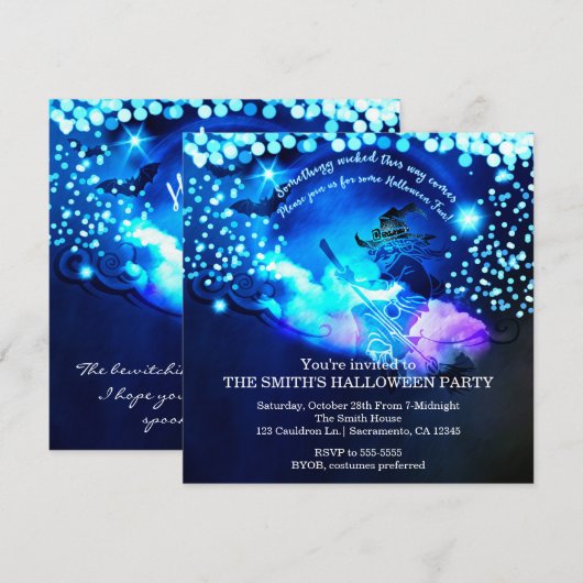 Invitation de fête d'Halloween de sorcière volante (Devant / Derrière)