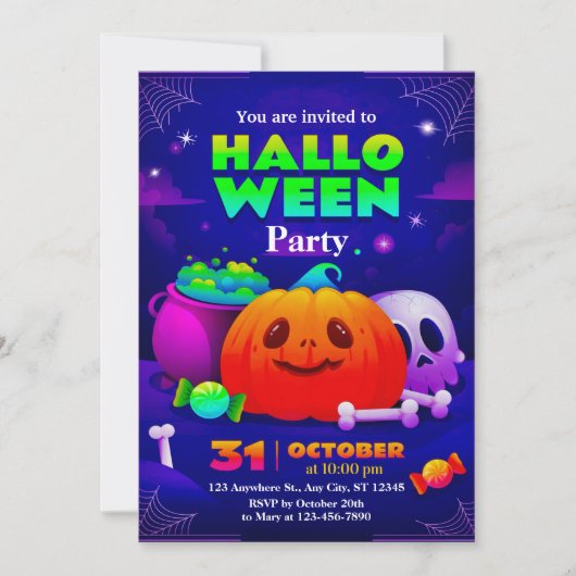 Invitation de fête d'Halloween mignonne et effraya (Devant)