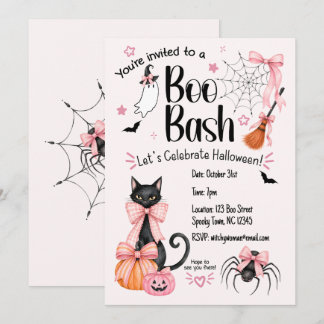 Invitation de fête d'Halloween rose et noire fémin